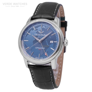 Lucien Rochat automatic wristwatch with a blue world-map dial, stainless steel case, and black leather strap with white stitching.