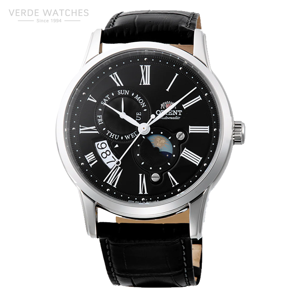 Elegant men's wristwatch with a black dial, Roman numerals, silver case, and black leather strap.