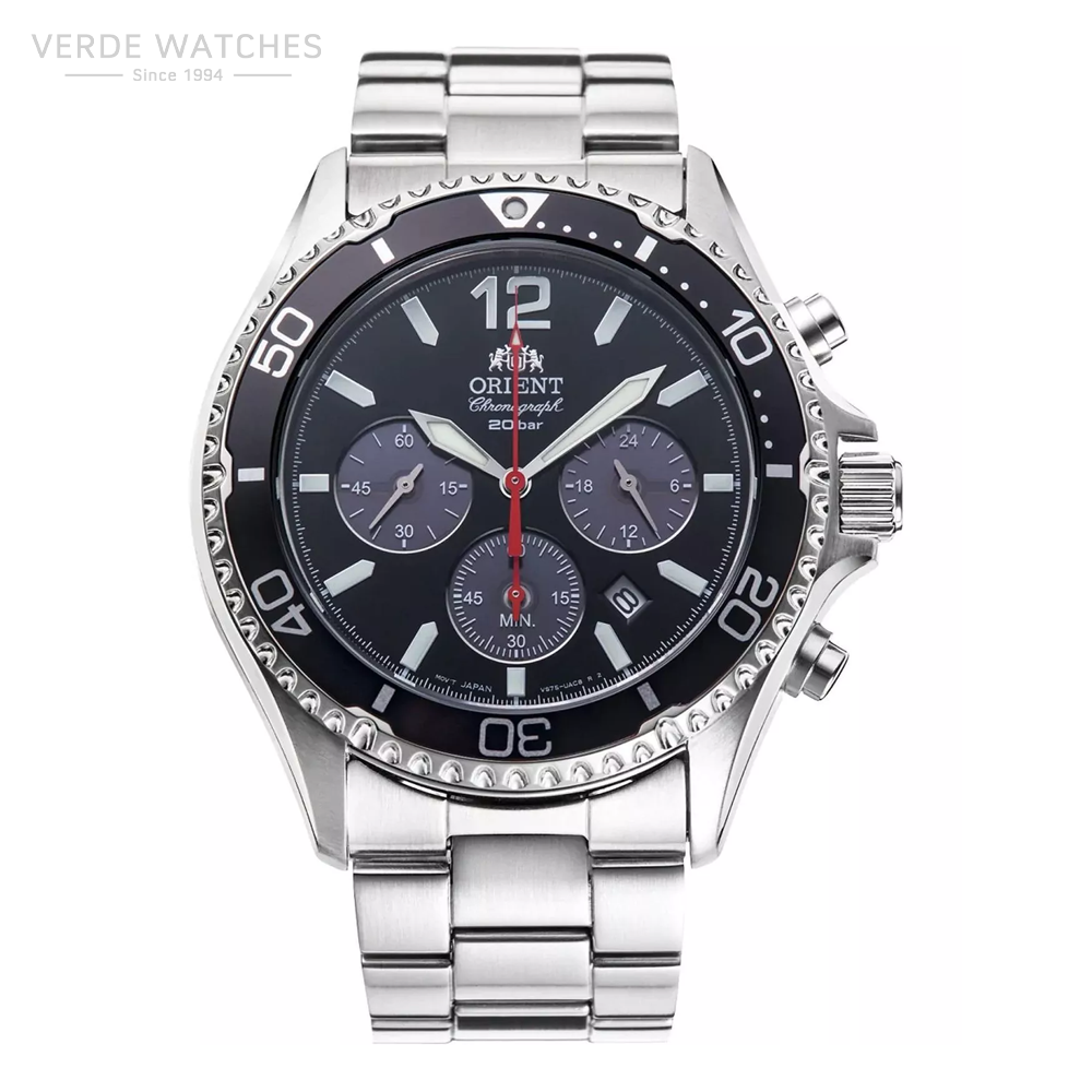 Orient chronograph wristwatch with stainless steel bracelet, black dial, three subdials, and date window
