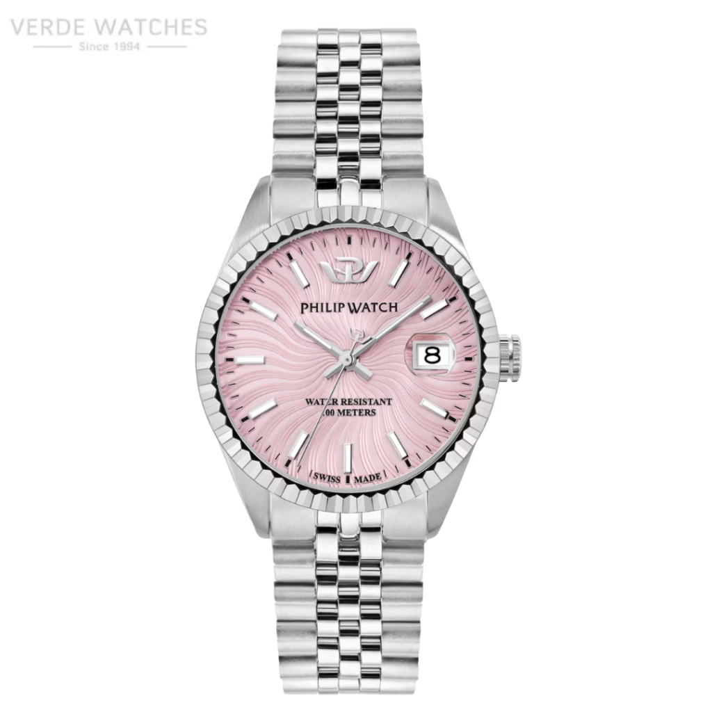 Philip Watch wristwatch with a pink dial, silver bezel, and metal link bracelet showing date at 3 o'clock (water resistant).