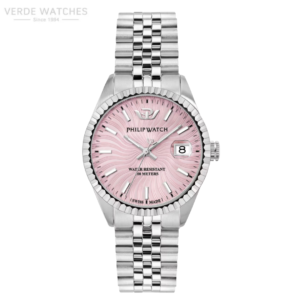 Philip Watch wristwatch with a pink dial, silver bezel, and metal link bracelet showing date at 3 o'clock (water resistant).