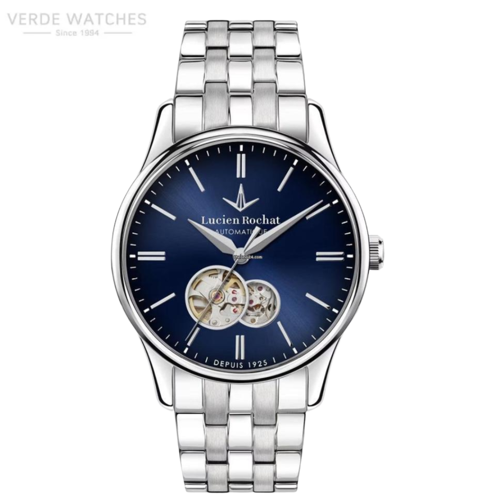 Stainless steel wristwatch with blue dial, open-heart mechanism visible at 6 o'clock and logo Lucien Rochat