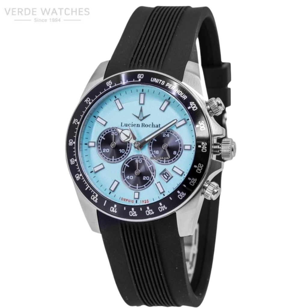 Lucien Rochat chronograph watch with a turquoise dial, black strap, and tachymeter bezel showing three subdials and date window