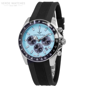 Lucien Rochat chronograph watch with a turquoise dial, black strap, and tachymeter bezel showing three subdials and date window