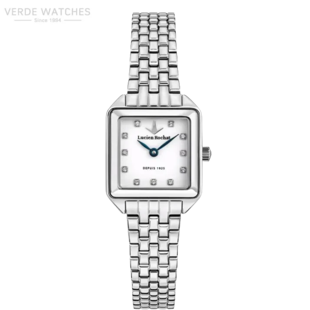 Lucien Rochat women's stainless steel wristwatch with a square dial, diamond hour markers, blue hands, and a linked bracelet on a white background.