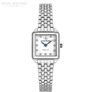 Lucien Rochat women's stainless steel wristwatch with a square dial, diamond hour markers, blue hands, and a linked bracelet on a white background.