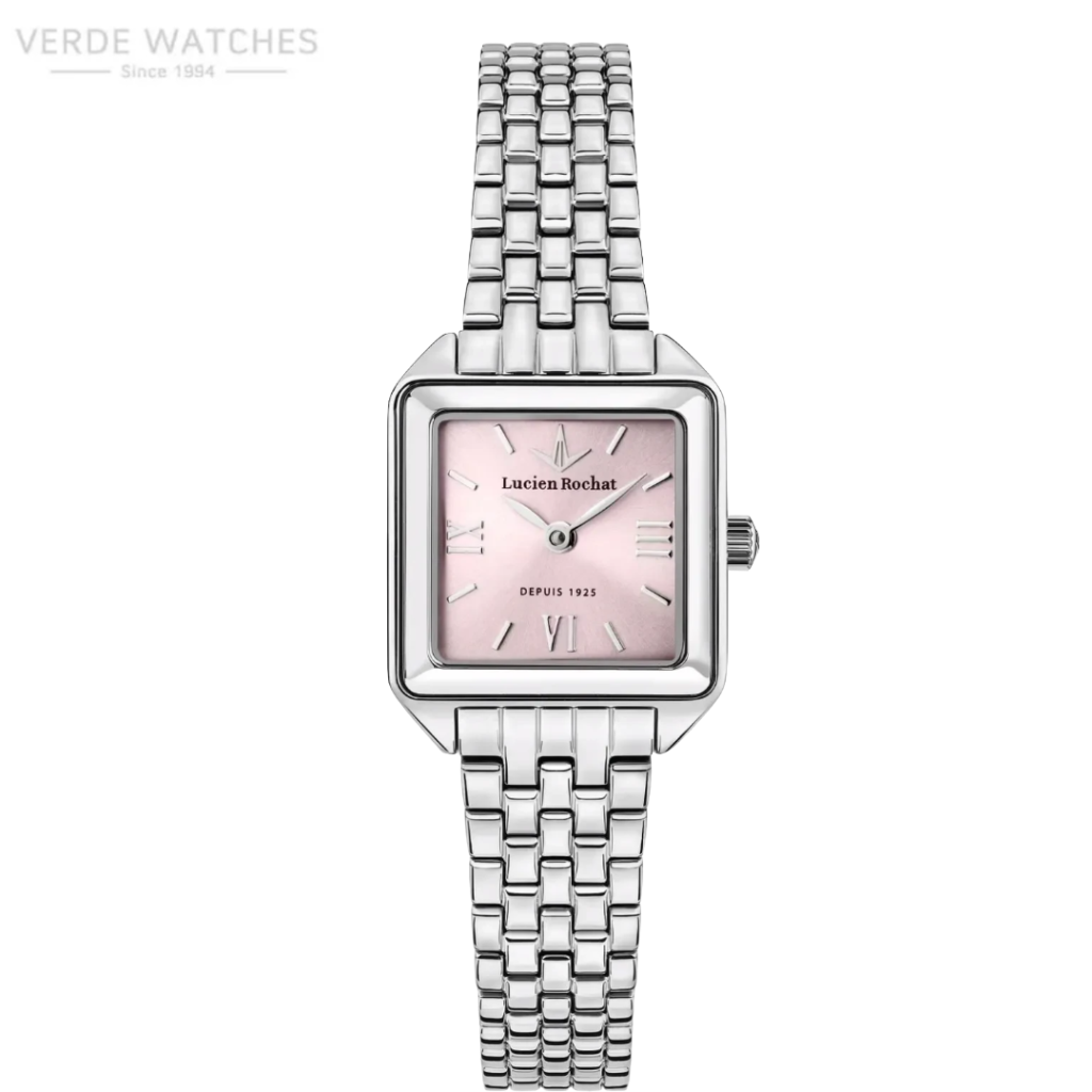Rectangular stainless steel wristwatch with pink dial and Roman numeral markers, Lucien Rochat accuracy badge included
