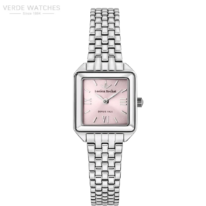 Rectangular stainless steel wristwatch with pink dial and Roman numeral markers, Lucien Rochat accuracy badge included