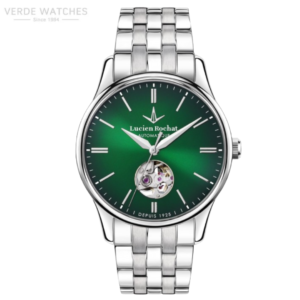Stainless steel wristwatch with a green dial and open-heart display at 6 o'clock, Lucien Rochat Automatique.
