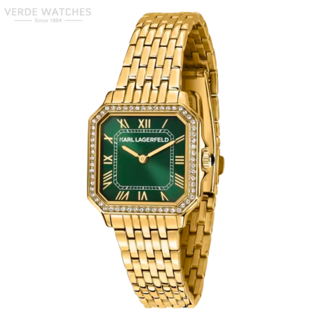 Gold-toned wristwatch with a green dial and diamond-encrusted bezel, Karl Lagerfeld brand, linked bracelet.