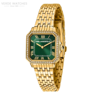 Gold-toned wristwatch with a green dial and diamond-encrusted bezel, Karl Lagerfeld brand, linked bracelet.