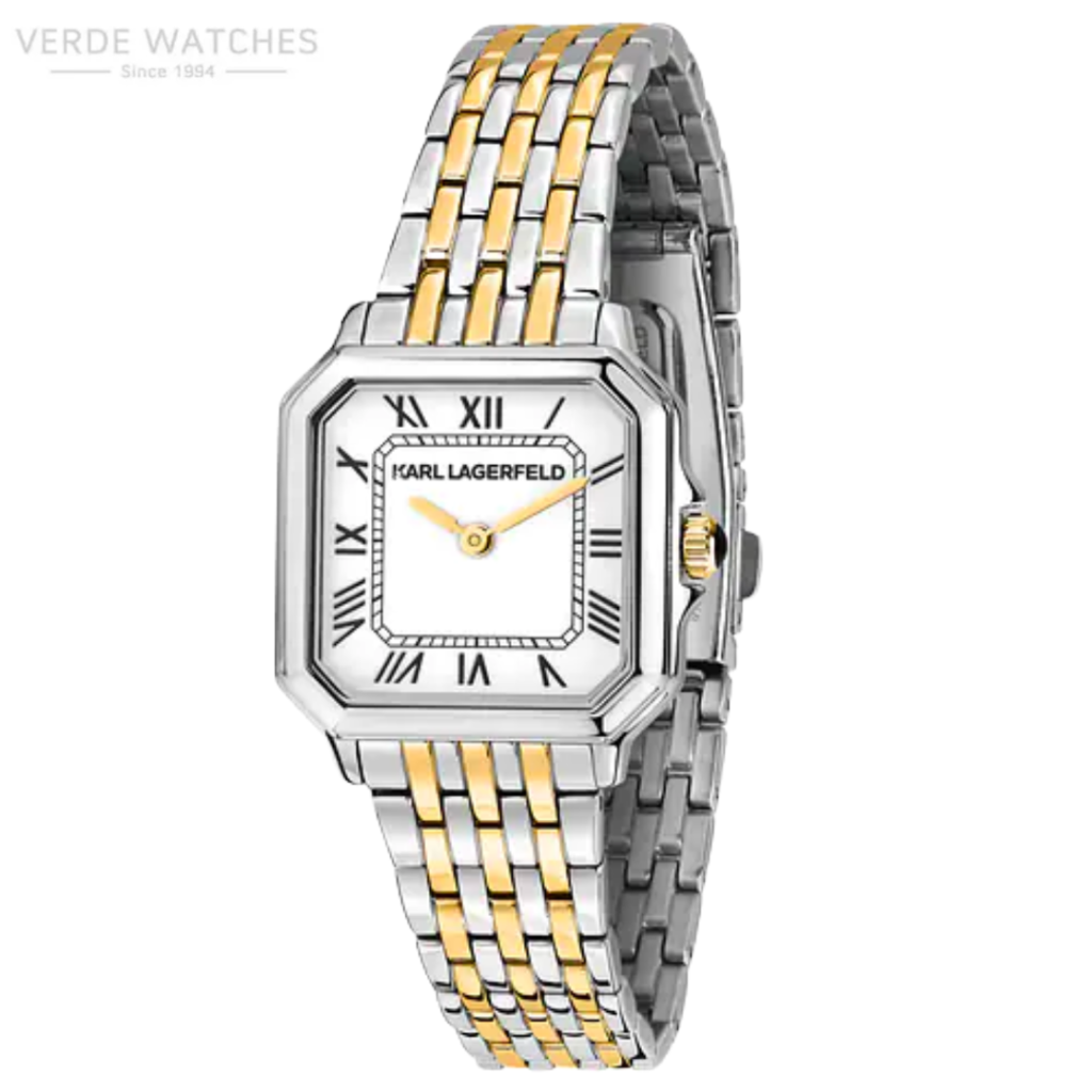 Two-tone silver and gold Karl Lagerfeld wristwatch with Roman numerals on a white dial and a square case.",