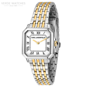 Two-tone silver and gold Karl Lagerfeld wristwatch with Roman numerals on a white dial and a square case.",