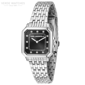 Karl Lagerfeld stainless steel wristwatch with a black square dial, diamond hour markers, and a multi-link bracelet.
