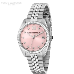 Karl Lagerfeld stainless steel watch with a pink dial, diamond hour markers, date window, and a linked bracelet.