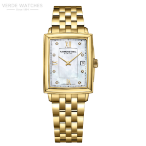 Gold rectangular wristwatch with a mother-of-pearl dial, diamond hour markers, and a polished gold link bracelet; date window at 3 o'clock.