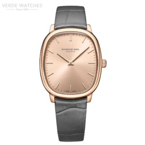Rose gold Raymond Weil wristwatch with a gray leather strap and a minimalist sunburst dial.