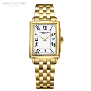 Gold rectangular wristwatch with Roman numerals and date window on a gold bracelet, brand Raymond Weil Genève