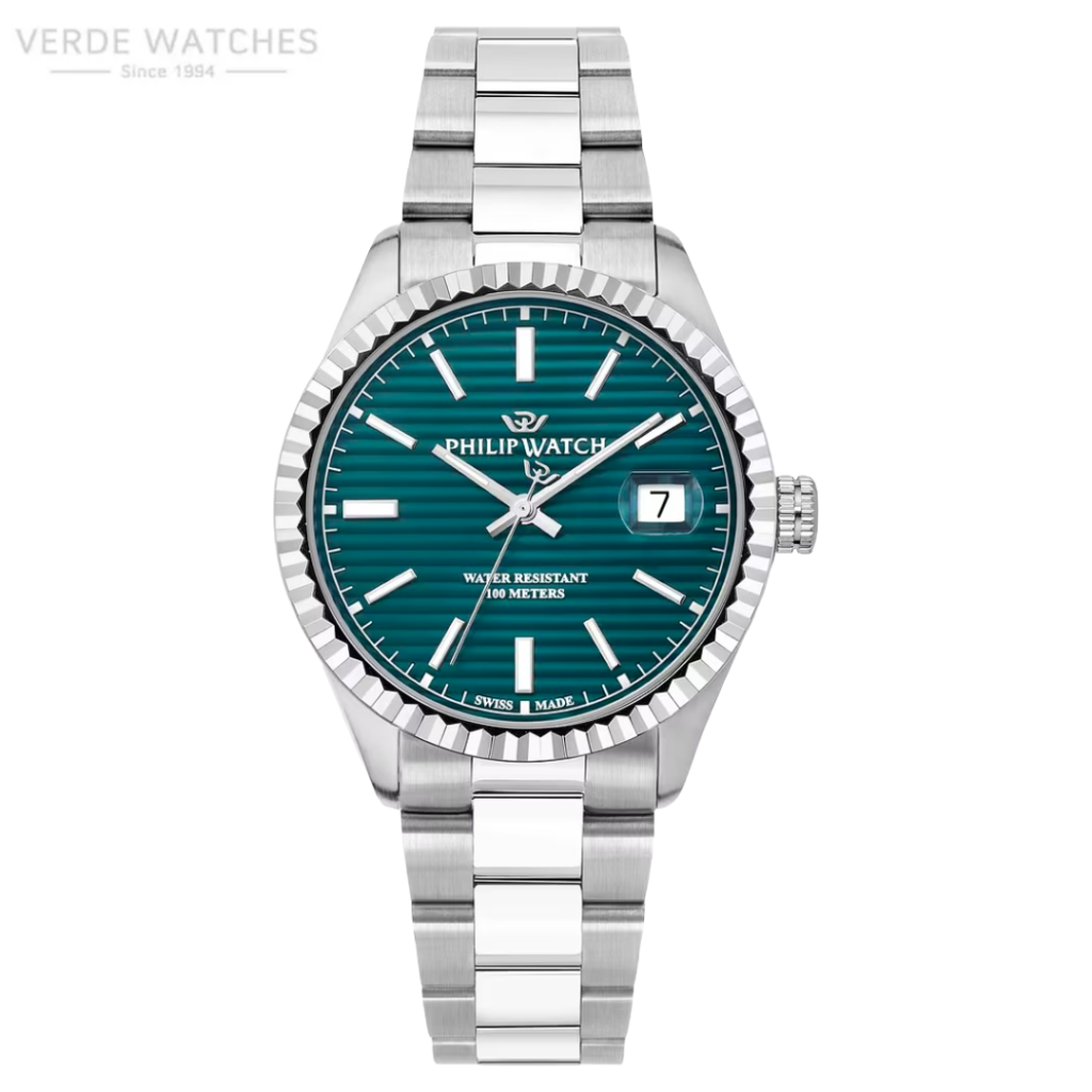 Stainless steel watch with teal dial, date window at 3 o'clock, and silver bracelet (Philip Watch).