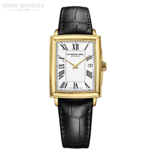 Gold rectangular wristwatch with white dial, Roman numerals, and black leather strap.