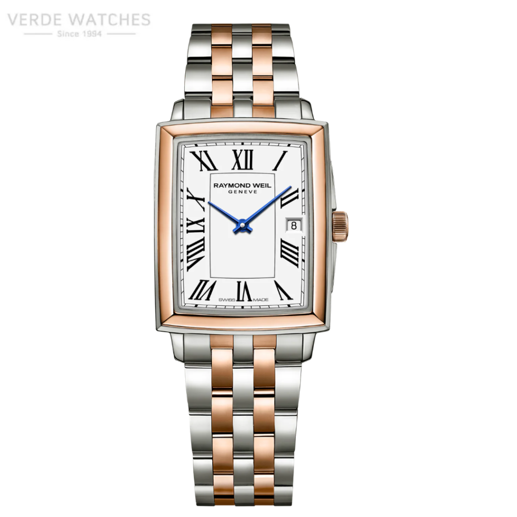 Two-tone Raymond Weil wristwatch with a rectangular face, blue hands, Roman numerals, and a date window.