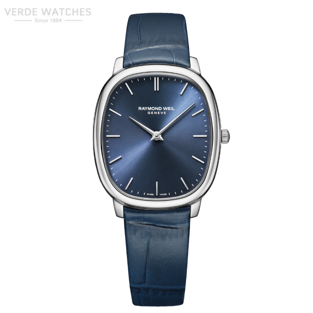 Raymond Weil Genève blue-dial wristwatch with a polished silver case and blue leather strap