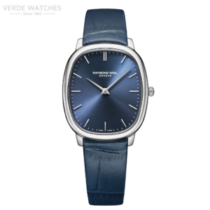 Raymond Weil Genève blue-dial wristwatch with a polished silver case and blue leather strap