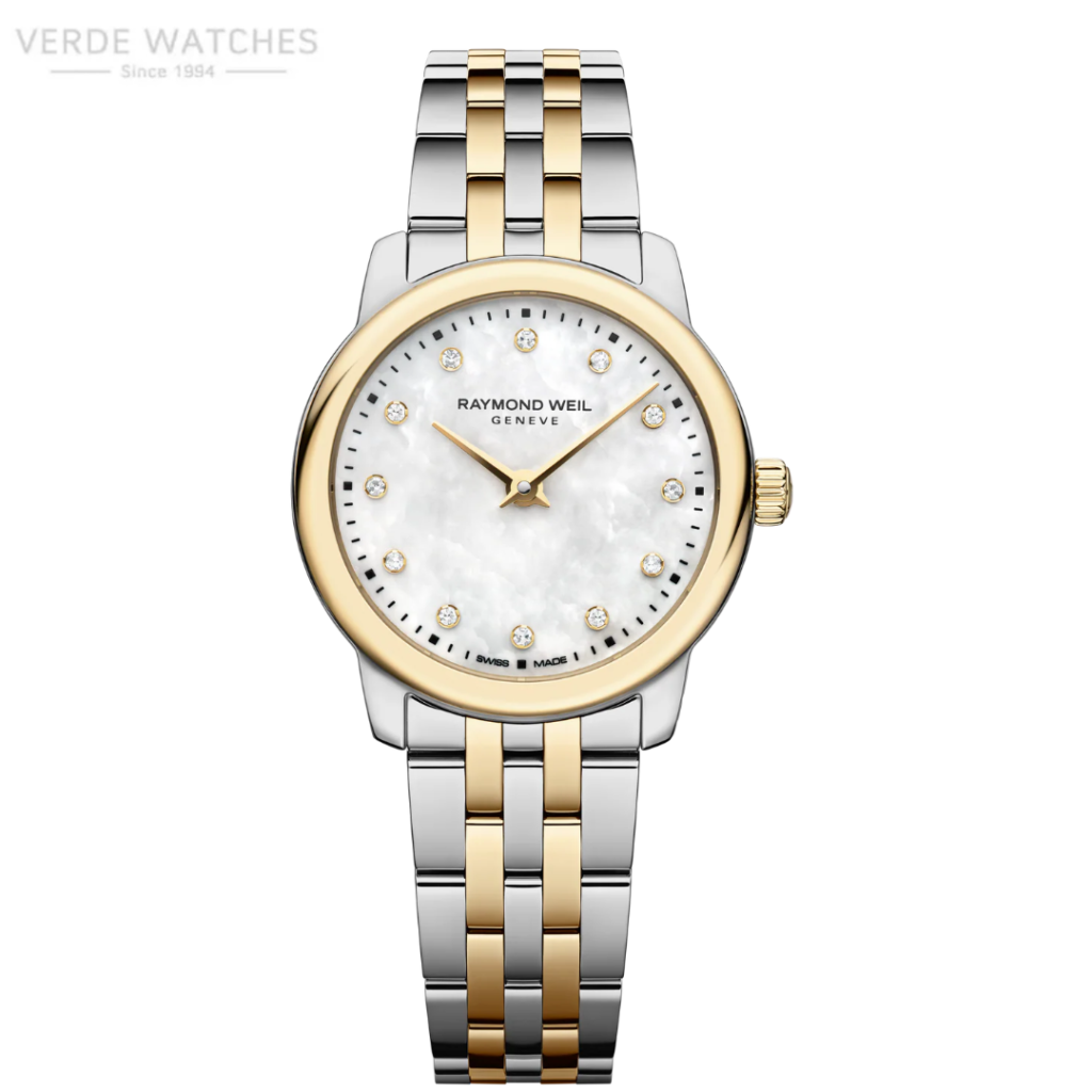 Raymond Weil Genève women's two-tone gold and silver wristwatch with diamond hour markers and a mother-of-pearl dial.