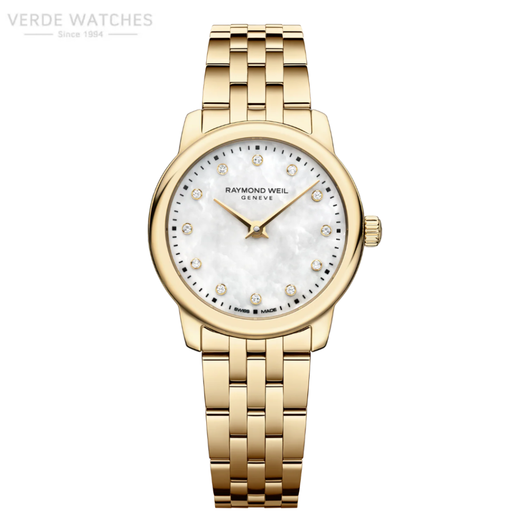 Gold-tone Raymond Weil wristwatch with a mother-of-pearl dial and diamond hour markers, bracelet band, Swiss Made style watch.