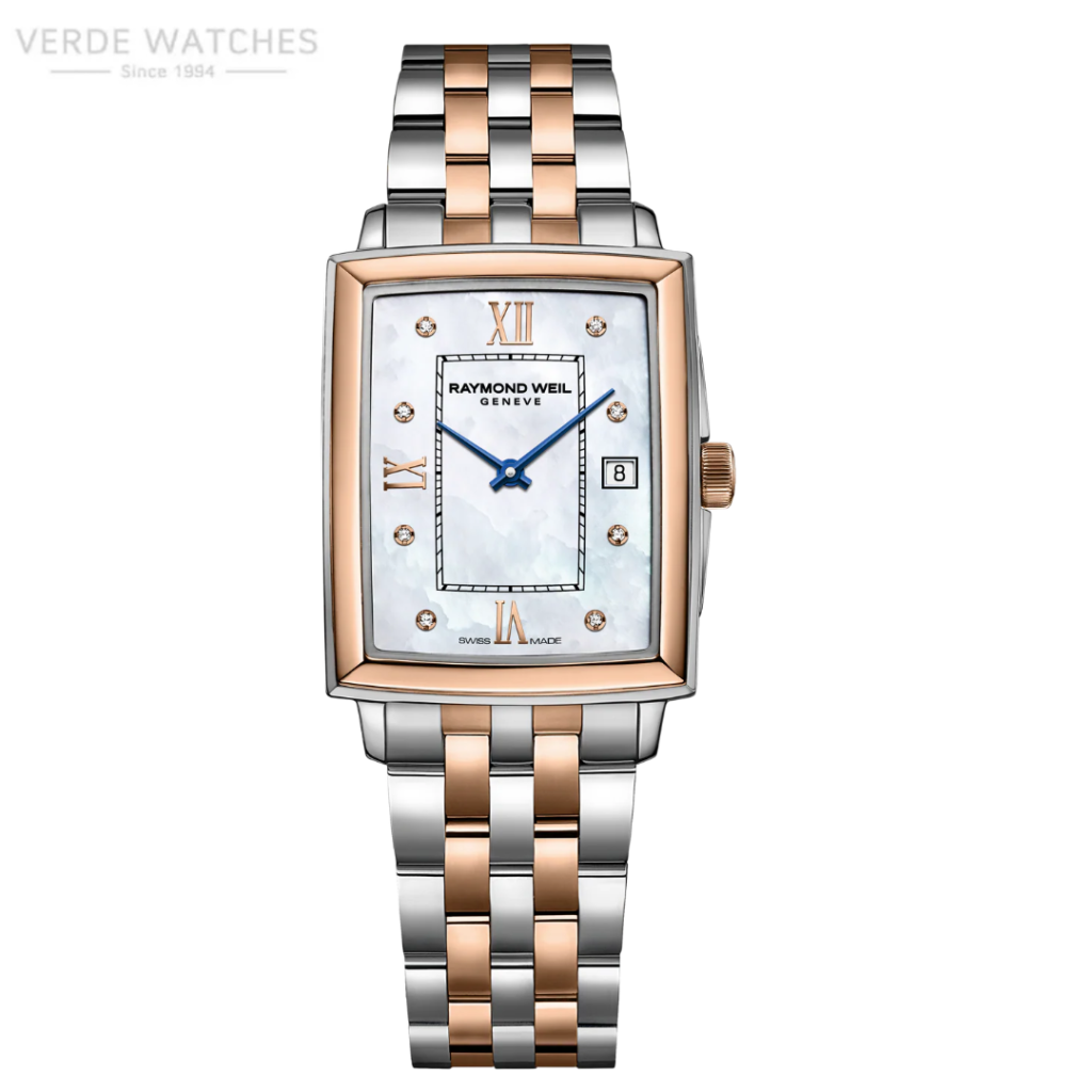 Two-tone Raymond Weil wristwatch with rectangular mother-of-pearl dial, diamond markers, and blue hands.