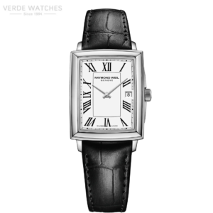 Rectangular stainless steel wristwatch with white dial, Roman numerals, date window at 3 o'clock, black leather strap.