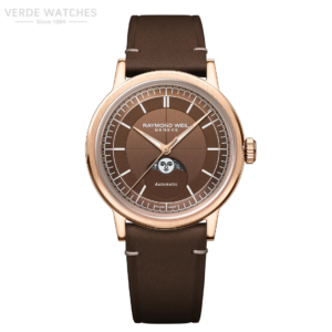 Raymond Weil Genève automatic wristwatch with a brown dial, rose-gold case, and brown leather strap.