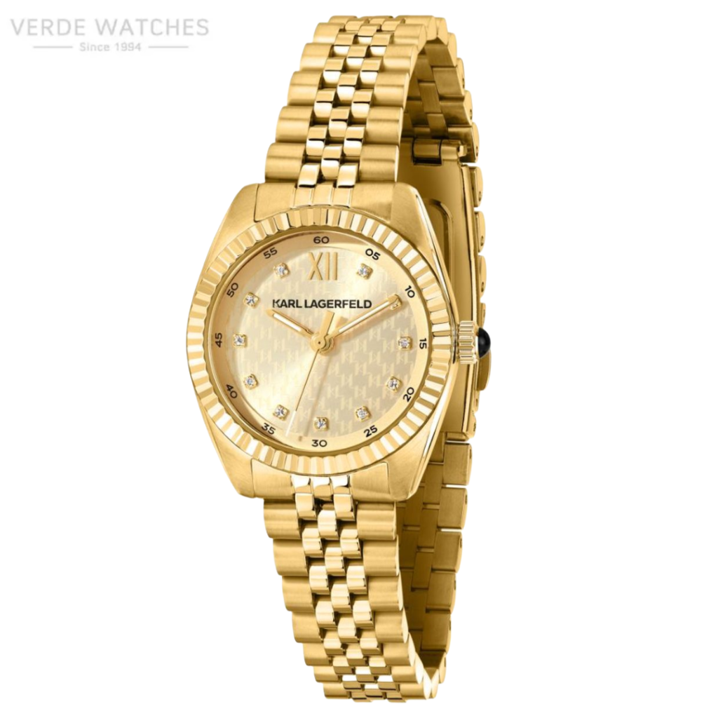 Gold-tone Karl Lagerfeld wristwatch with a textured dial, diamond hour markers, and a multi-link bracelet for women.