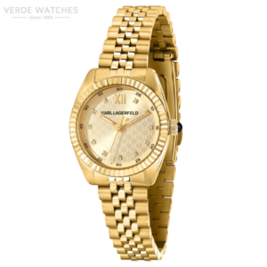 Gold-tone Karl Lagerfeld wristwatch with a textured dial, diamond hour markers, and a multi-link bracelet for women.