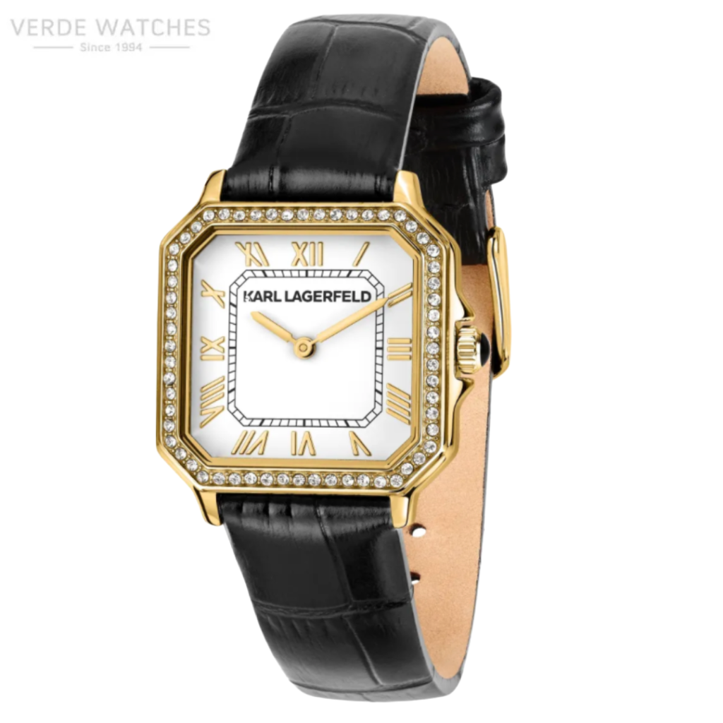 Gold-tone Karl Lagerfeld wristwatch with a diamond-studded bezel, white dial with Roman numerals, and a black leather strap.