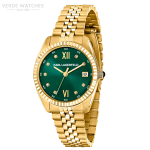 Gold-tone Karl Lagerfeld wristwatch with green dial, diamond markers, and date window.