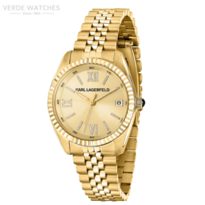 Gold-tone Karl Lagerfeld wristwatch with a multi-link bracelet, Roman numeral markers, and a date window at 3 o'clock