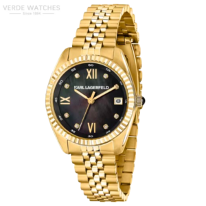 Gold-tone Karl Lagerfeld wristwatch with black dial, diamond hour markers, Roman numerals, and date window