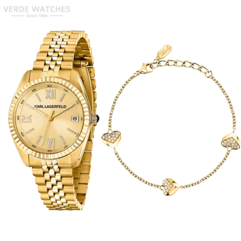 Gold-tone wristwatch with a matching gold bracelet featuring heart-shaped accents and crystals, shown together as a jewelry set (Karl Lagerfeld)