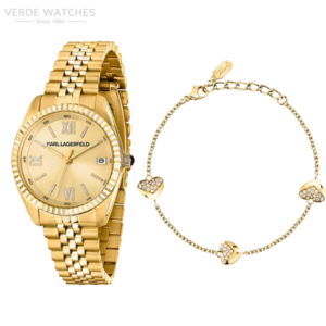 Gold-tone wristwatch with a matching gold bracelet featuring heart-shaped accents and crystals, shown together as a jewelry set (Karl Lagerfeld)