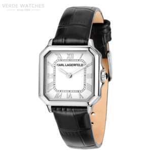 Karl Lagerfeld silver-toned wristwatch with black leather strap and Roman numeral dial on white face