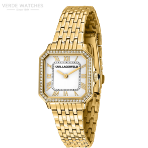 Gold-toned Karl Lagerfeld wristwatch with a diamond-studded bezel and white dial, linked bracelet visible from side angle