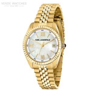 Gold-toned Karl Lagerfeld wristwatch with a white mother-of-pearl dial and date window at 3 o'clock