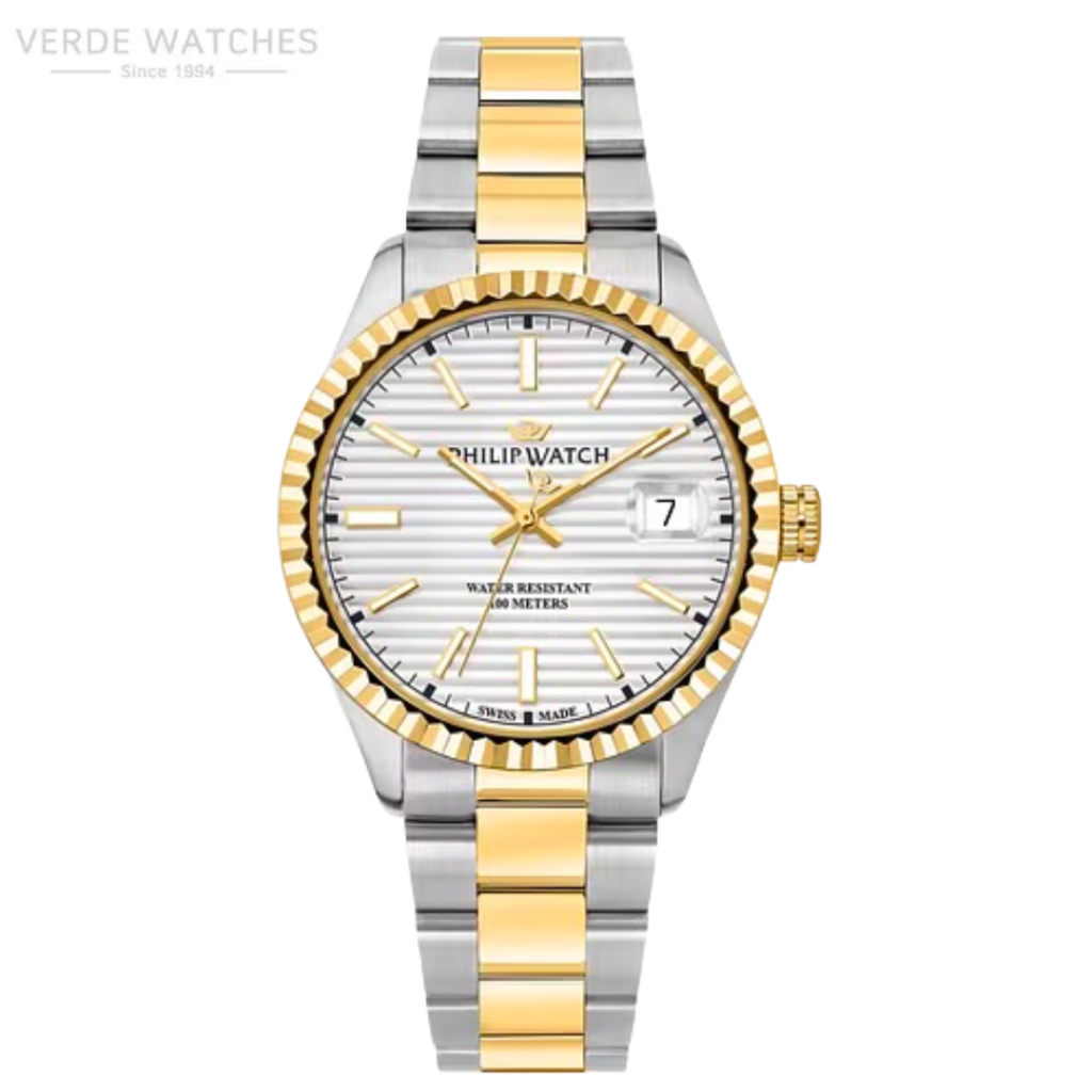 Two-tone gold and silver wristwatch with a fluted bezel, white dial, and date window at 3 o'clock