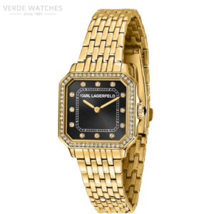 Gold-tone bracelet watch with a black dial and diamond-studded bezel (Karl Lagerfeld)
