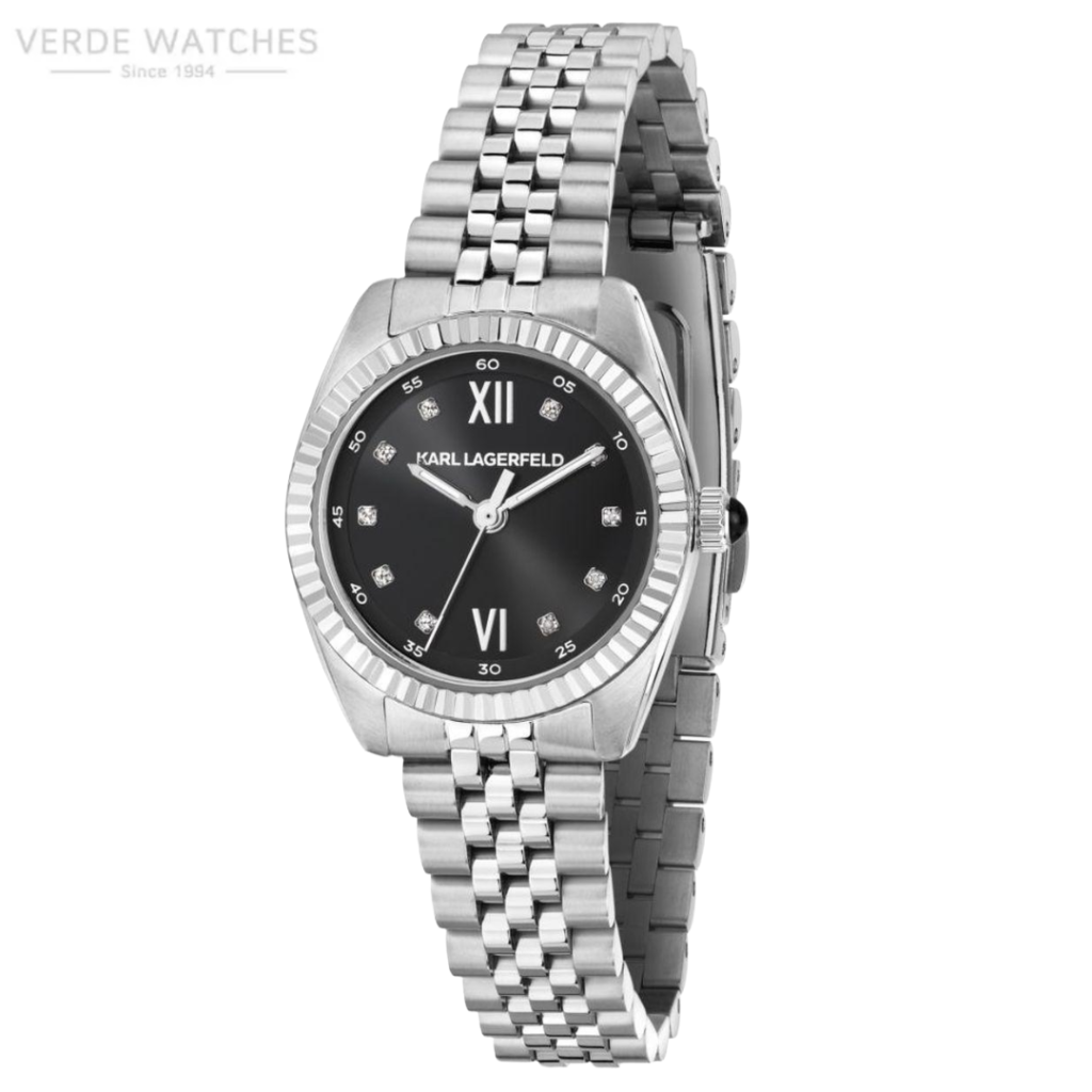 Karl Lagerfeld stainless steel wristwatch with black dial, diamond hour markers, and a silver linked bracelet.