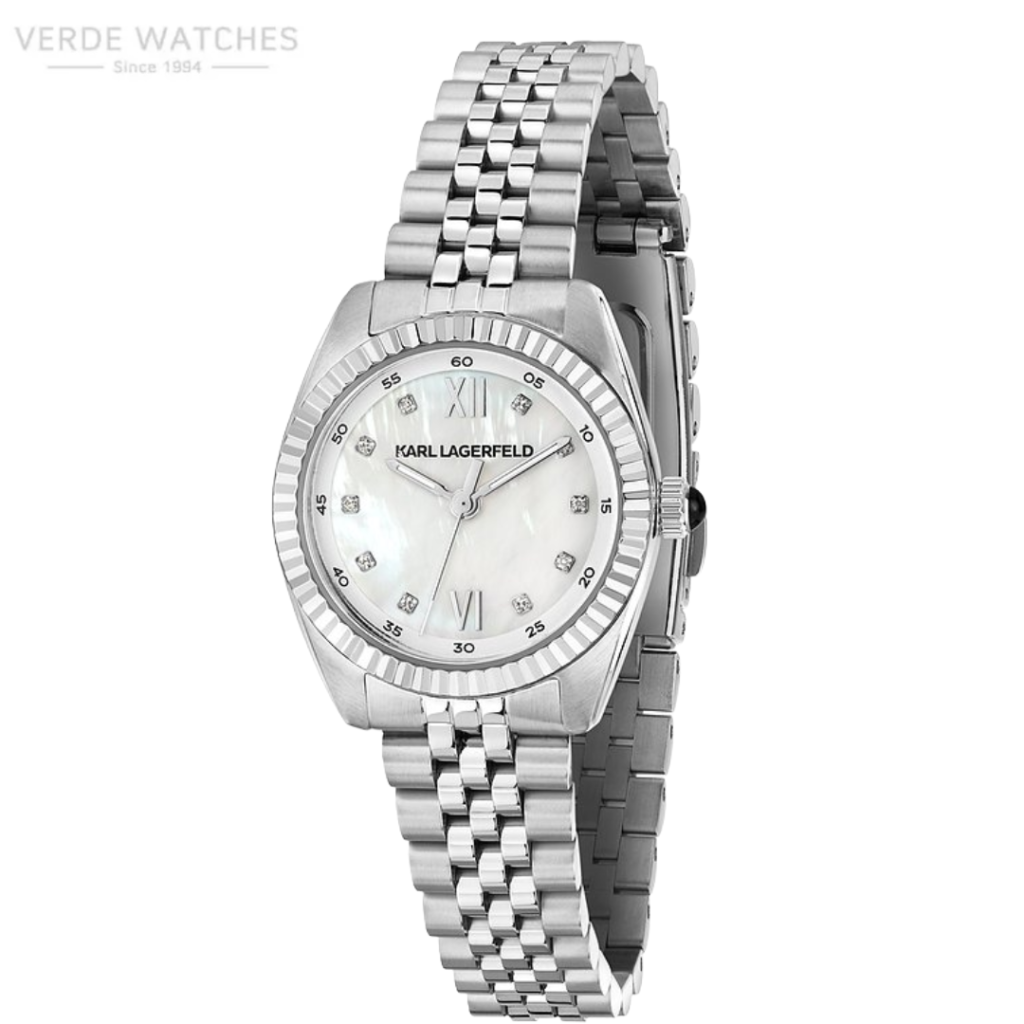 Karl Lagerfeld stainless steel wristwatch with a fluted bezel, white mother-of-pearl dial and diamond hour markers.