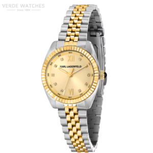 Two-tone gold and silver Karl Lagerfeld wristwatch with a gold dial and diamond markers.
