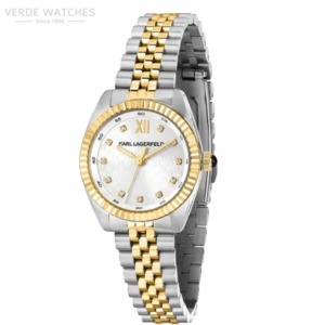 Two-tone metal wristwatch with a gold fluted bezel, white dial, diamond hour markers, and a gold-and-silver link bracelet (Karl Lagerfeld)