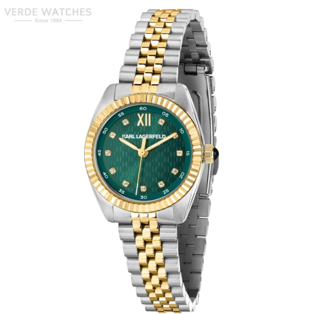 Karl Lagerfeld two-tone stainless steel wristwatch with a green dial, gold bezel, diamond hour markers, and a two-tone bracelet.